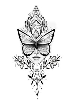 a woman's face with butterfly wings and flowers on her head, in black and white