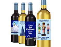 three bottles of wine with christmas labels on them