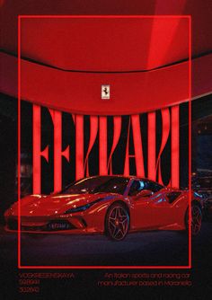 a red sports car is shown in front of a black background with the word ferrari on it