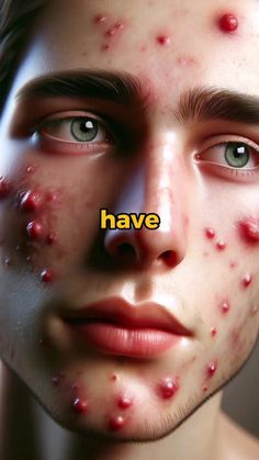 a man with acne on his face and the words have written in front of him