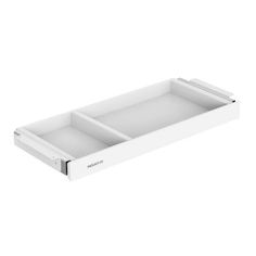 a white drawer with two compartments on the bottom and one section open to show it's contents