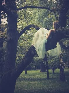 a woman in a white dress is sitting on a tree branch with her back to the camera