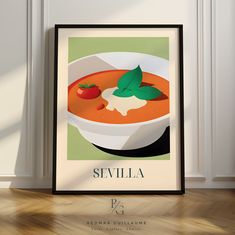 there is a poster on the wall with a bowl of soup and tomato in it