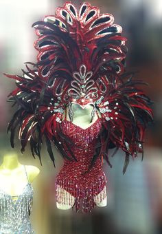 a mannequin is dressed in red and black feathers