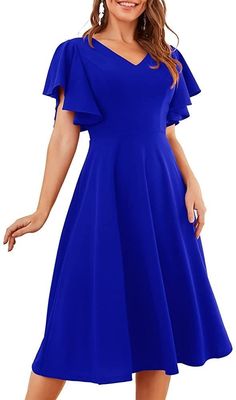 Formal Flare Dress, Fit And Flare Dress With Sleeves, Midi Dress With Sleeves Formal, Blue Formal Dress Short, Fit And Flare Dress Casual, Tea Party Dresses For Women, Long Flare Dress, Wedding Guest Midi Dresses, Wedding Guest Dresses For Women