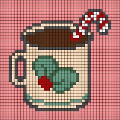 a cross stitch pattern with a mug and candy cane in it on a pink background