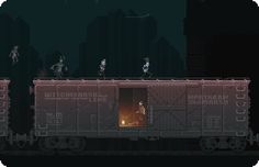 an old - school video game with people standing on top of train cars in the dark