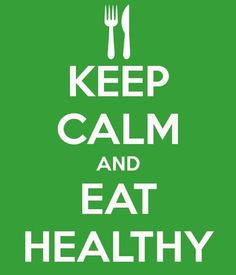 the words keep calm and eat healthy are shown in white on a green background with fork, knife and spoon