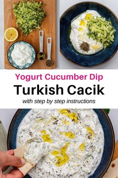 yogurt cucumber dip in a blue bowl with lemons and other ingredients