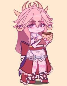 an anime character holding a cup with horns on her head and wearing a pink outfit