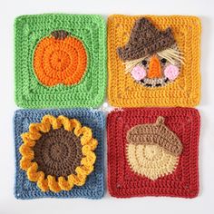 four crocheted squares with pumpkins, sunflower and scarecrow faces