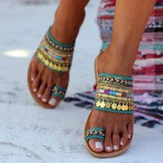 Boho Embellished Flat Sandals Streetwear Fashion Shoes, Sequin Flats, Bohemian Sandals, Orthopedic Sandals, Boho Mode, Summer Sandals Flat, Denim Sandals, Toe Ring Sandals, Embellished Flats