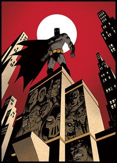 an image of batman on top of a building with the moon in the sky behind it