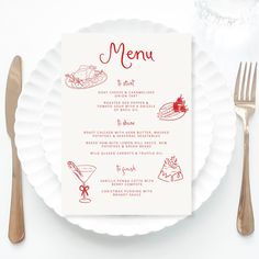 a white plate topped with a menu next to silverware