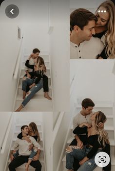 a couple kissing while sitting on the stairs in front of some stairs with their arms around each other