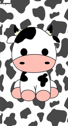 a cartoon cow sitting on top of a black and white spotted background with pink dots