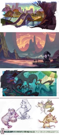 the concept art for disney's princess and the frog prince is shown in three different stages