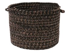 a brown and black basket on a white background