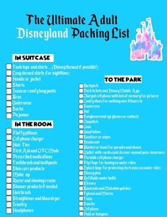 the ultimate disney land packing list is shown in this blue and white printable checklist