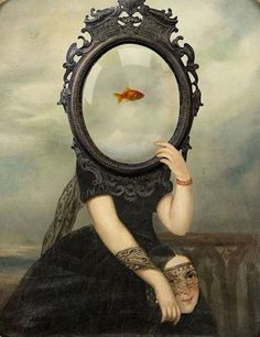 a painting of a woman holding a goldfish in front of her face