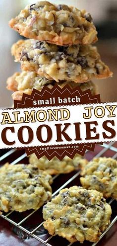 small batch almond joy cookies on a cooling rack with text overlay that reads small batch almond joy cookies