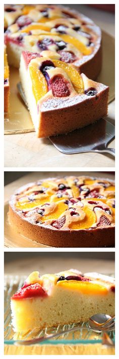 three different views of a cake with fruit toppings