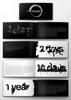 three black and white brochures with ink splattered on them