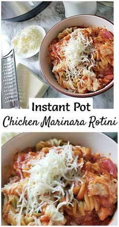 instant pot chicken marinara rotini in a white bowl with parmesan cheese on top