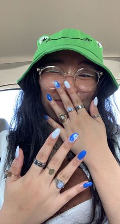 super cute and fun blue yin yang nails! the lighter color is a very light powder blue but it looked more white in most lighting. #nails #summer #blue #yinyang Blue And White Ying Yang Nails, Yinyang Nail Design, Blue Yin Yang Nails, Blue Ying Yang Nails, Lighting Nails, Nails Summer Blue, Ying Yang Nails, Yin Yang Nails, Light Blue Nail Designs