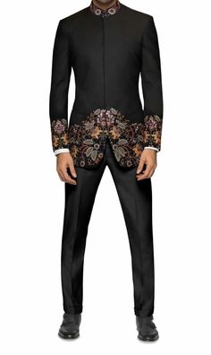 Handwork Black  Jodhpuri Suit with Intricate Multi Color Work Wedding Wear Grooms Wear And Prom Style : Slim-Fit Fabric : Imported Premium Color : Black Slit Detail : Double Slit Wash Type : Dry Cleaning The suit is for wedding, Party ,Dinner, Proms, and Etc ✧ Suit comes fully stitched, ready to wear and packed in our branded suit cover to ensure minimal wrinkles. ✧ As all our products are handmade and made by several artisans and the product go thru several hand-processes. There could be little Black Jodhpuri, Indian Formal Wear, Kemeja Lelaki, Indian Wedding Clothes For Men, Wedding Party Dinner, Formal Attire For Men, Mens Indian Wear, Mens Wedding Suits, Jodhpuri Suit