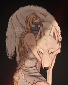 a drawing of a woman with a wolf on her back