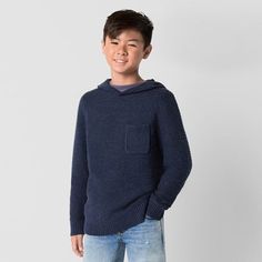 This pullover hoodie from Thereabouts little and big boy's collection is a cozy layer to warm up his casual wardrobe. It's made from soft, ribbed cotton-knit and has a chest slip pocket, long sleeves, and ribbed trims. Style it over a t-shirt with jeans and boots.Closure Type: Pullover HeadFit: Regular FitNeckline: Hooded NeckPockets: 1 Chest Slip PocketSleeve Length: Long SleeveApparel Length: 23 Inches - FrontFiber Content: 57% Cotton, 31% Acrylic, 12% PolyesterFabric Description: KnitCare: Ma Blue Husky, Long Sleeve Pullover Sweater, Fall Kids, Boys Clothing, Big Boys, Casual Wardrobe, Blue Sweaters, Long Sleeve Pullover, Kids Boys