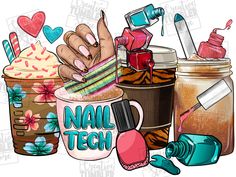 various types of nail polish and manicures are shown in this cartoon style illustration