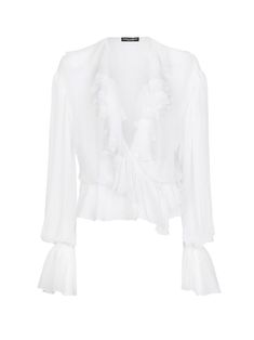 This Dolce & Gabbana silk shirt showcases a V-neckline with charming rouches and long sleeves finished with ruffled cuffs. An elastic waistband ensures a flattering fit, while the lightweight fabric adds to its refined sophistication.

- Made in Italy  
- 100% Silk Dolce And Gabbana Shirts, Silk Chiffon Blouse, Blouse With Ruffles, Women Chiffon Blouse, Dolce E Gabbana, Chiffon Blouse, White Silk, Crop Blouse, White Shirts