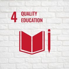 the 4 quality education logo on a white brick wall with a pencil and bookmark