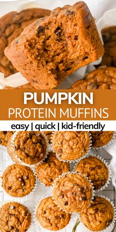 pumpkin protein muffins are stacked on top of each other with text overlay