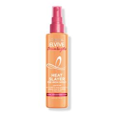 Elvive Dream Lengths Heat Slayer Pre-Iron Spray Leave-In - DREAM LENGTHS HEAT SLAYER 6.8OZBenefitsProtect against heat damage up to 450F degrees with Elvive Dream Lengths Heat Slayer Pre-Iron Spray Leave-In from L'Oreal ParisUltra lightweight, caring heat protectant also reduces frizz, hydrates long hair and seals in shine for 3 day sleek hairSulfate-free, paraben-free, dye-free heat protectant with an irresistibly sweet, floral, fruity scentApply Elvive Dream Lengths Heat Slayer Pre-Iron Spray Hair Flat Iron, Heat Protectant Hair, Heat Protector, Heat Protectant Spray, Hair School, Heat Protectant, Hair Perfume, Hydrate Hair, Heat Damage