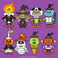 cartoon halloween characters with pumpkins and witches