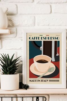 a coffee poster on a shelf next to a potted plant