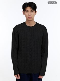 mens-cable-knit-sweater-ig427 / Black Black Textured Knit Cotton Sweater, Black Casual Sweater With Ribbed Cuffs, Casual Knitted Crew Neck Outerwear, Black Cable Knit Crew Neck Outerwear, Black Textured Knit Casual Sweater, Casual Black Knitted Sweater, Casual Black Textured Knit Outerwear, Fitted Black Cable Knit Sweater, Black Cable Knit Crew Neck Top