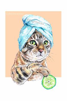 Crayon drawing of a brown tabby cat at the spa holding up a slice of cucumber. Yuck, vegetables! Art by Deidre Wicks Crayon Illustration, Brown Tabby Cat, Brown Tabby, Clay Face, Clay Face Mask, Clay Faces, What The Heck