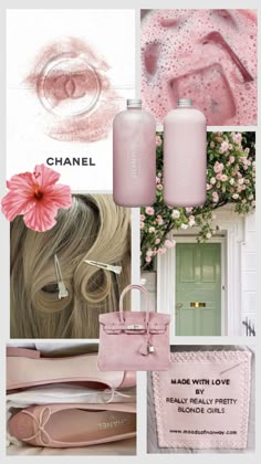 a collage with pink accessories and flowers