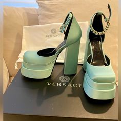 Brand New Platform Heels In A Teal Green/Blue Color. Never Used, Bought About A Year Ago. Retails For $1850 Blue Chunky Platform Heels, Kylie Jenner Heels, Light Green Heels, Sage Green Heels, Platform Heels Aesthetic, Versace Platform Heels, Iconic Heels, Purple Platform Heels, Green Platform Heels