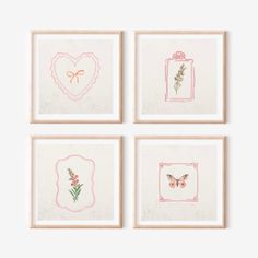 four framed pictures with flowers and butterflies on white paper, one has a heart shaped frame