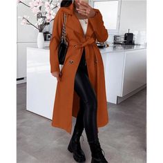 The Trench Coat Is Made Of 97% Polyester And 3% Elastane Knit Fabric. Not Waterproof, No Lining. It's A Lightweight And Soft Coat For Your Spring Fall Wardrobe. In Addition, It Might Be A Little Wrinkled Due To Long Shipping, Please Iron It At Low, If Necessary. S=Us 4-6, M=Us 8-10, L=Us 12-14, Xl=Us 16-18, Xxl=Us 20. Discover Our Fashionable Collection Of Trench Coats For Women, Including This Lightweight Classic Long Double-Breasted Trench Coat. Crafted From A Soft Fabric, This Trench Coat Wom Orange Long Coat Outfit, Casual Brown Belted Outerwear, Orange Outerwear For Office In Fall, Elegant Orange Outerwear For Fall, Orange Coat Outfit, Orange Trench Coat, Long Coat Outfit, Women's Trench Coat, Orange Coat