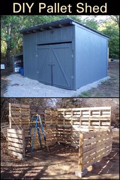 two pictures showing different types of pallet shed with text overlay that says diy pallet shed