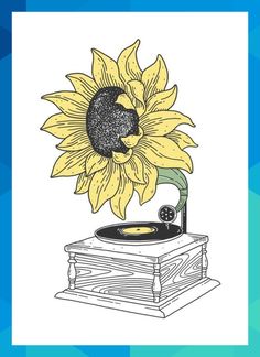 a drawing of a record player with a sunflower on it's turntable