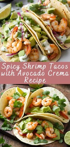 shrimp tacos with avocado crema and cilantro sauce on top