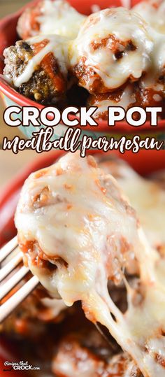 crock pot meatball parmesan casserole on a red plate with a fork