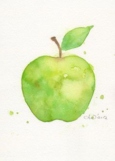 an apple painted in watercolor on white paper